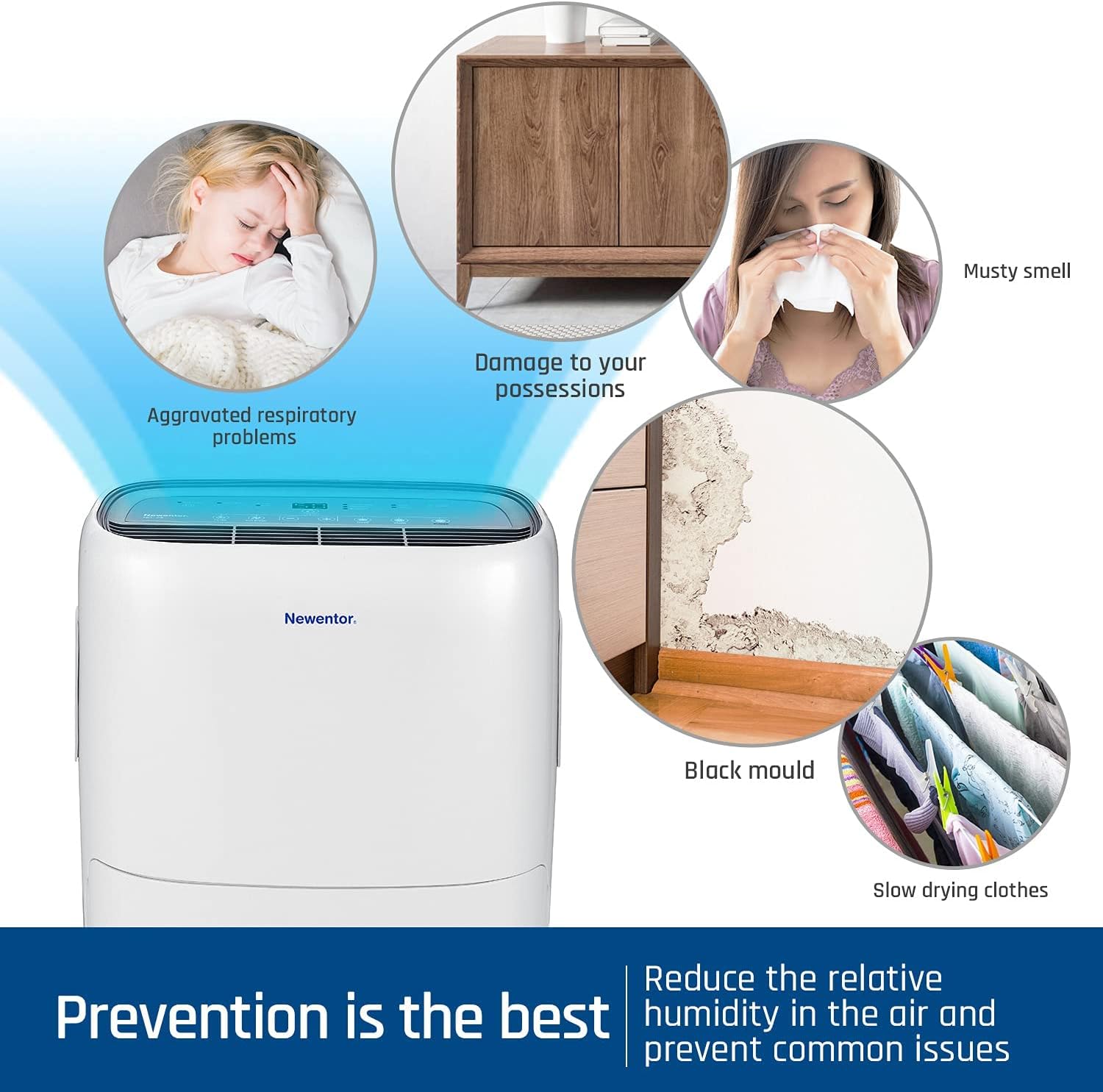 Newentor Low Energy Dehumidifier 25L/24H 330W - Dehumidifier for Mediu