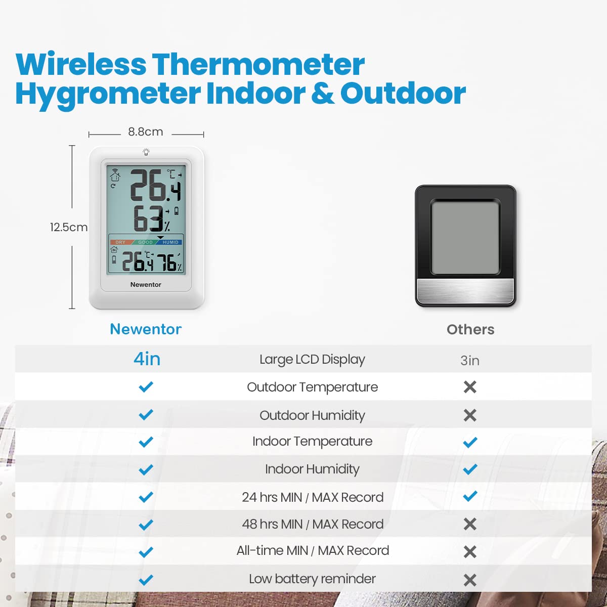 Newentor Termómetro inalámbrico para interiores y exteriores, monitor de  temperatura remoto, termómetro interior exterior con indicador de  comodidad