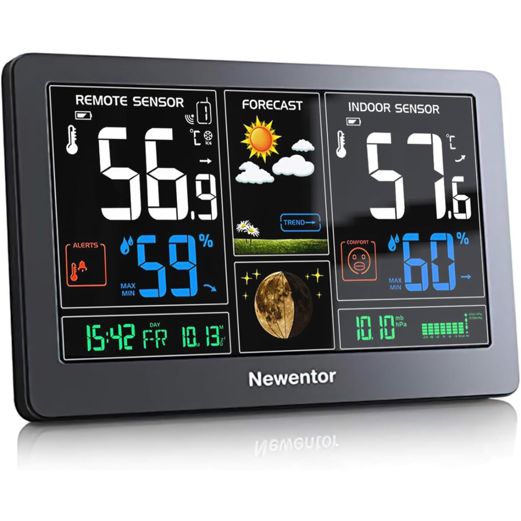 Newentor Weather Station Wireless Indoor Outdoor Thermometer, Color Display  Digital Weather Thermometer with Atomic Clock, Forecast Station with  Calendar and Adjustable Backlight